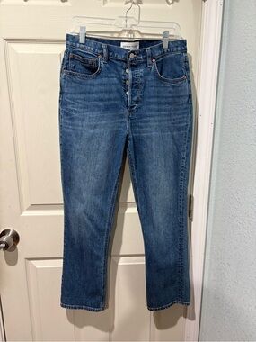 Denim Forum The Arlo High-Rise Straight 28L Jeans — Medium Blue Wash